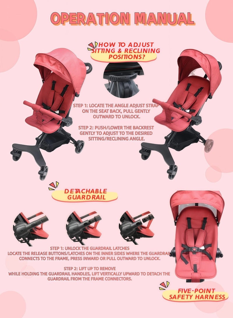 EASY FUTURE Two-way Foldable Ultra Lightweight Travel Stroller with Multi Position Reclining Seat Adjustable Canopy Foldable Storage Basket Foldable Gear for Airplane NO.1101 - Image 5